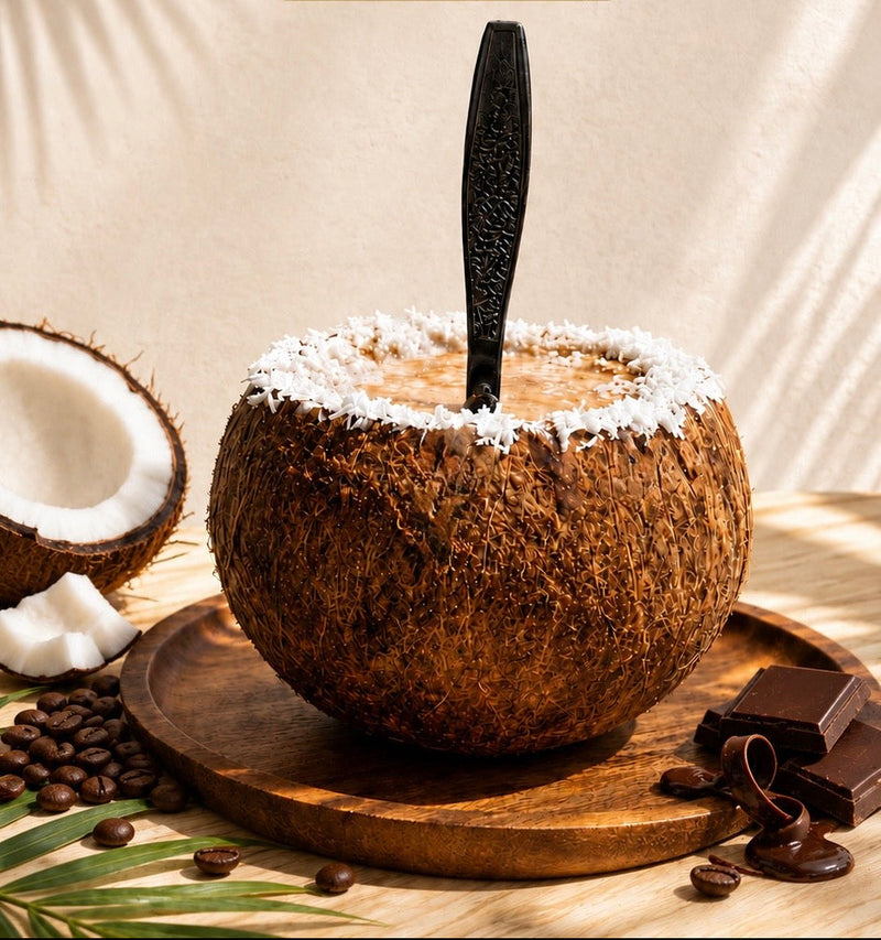 Royal Roastery Coconut Affogato served in a real coconut shell