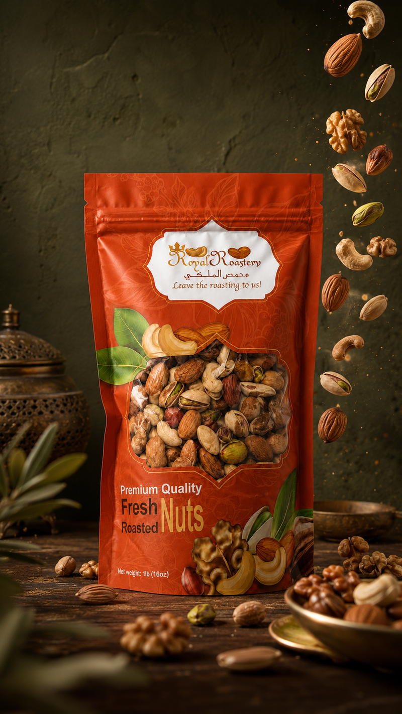 Royal Roastery assorted roasted nuts into a branded orange pouch at the nut counter.